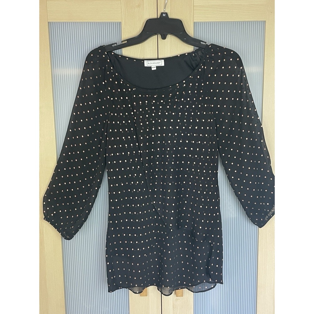 Blousology‎ Black Blouse Polka Dot 3/4 sleeve Lined Sheer Top Sz M Boho women's